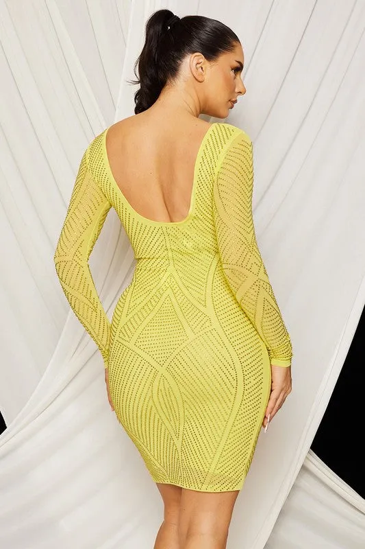 Yellow Rhinestone Front And Back Mini Dress