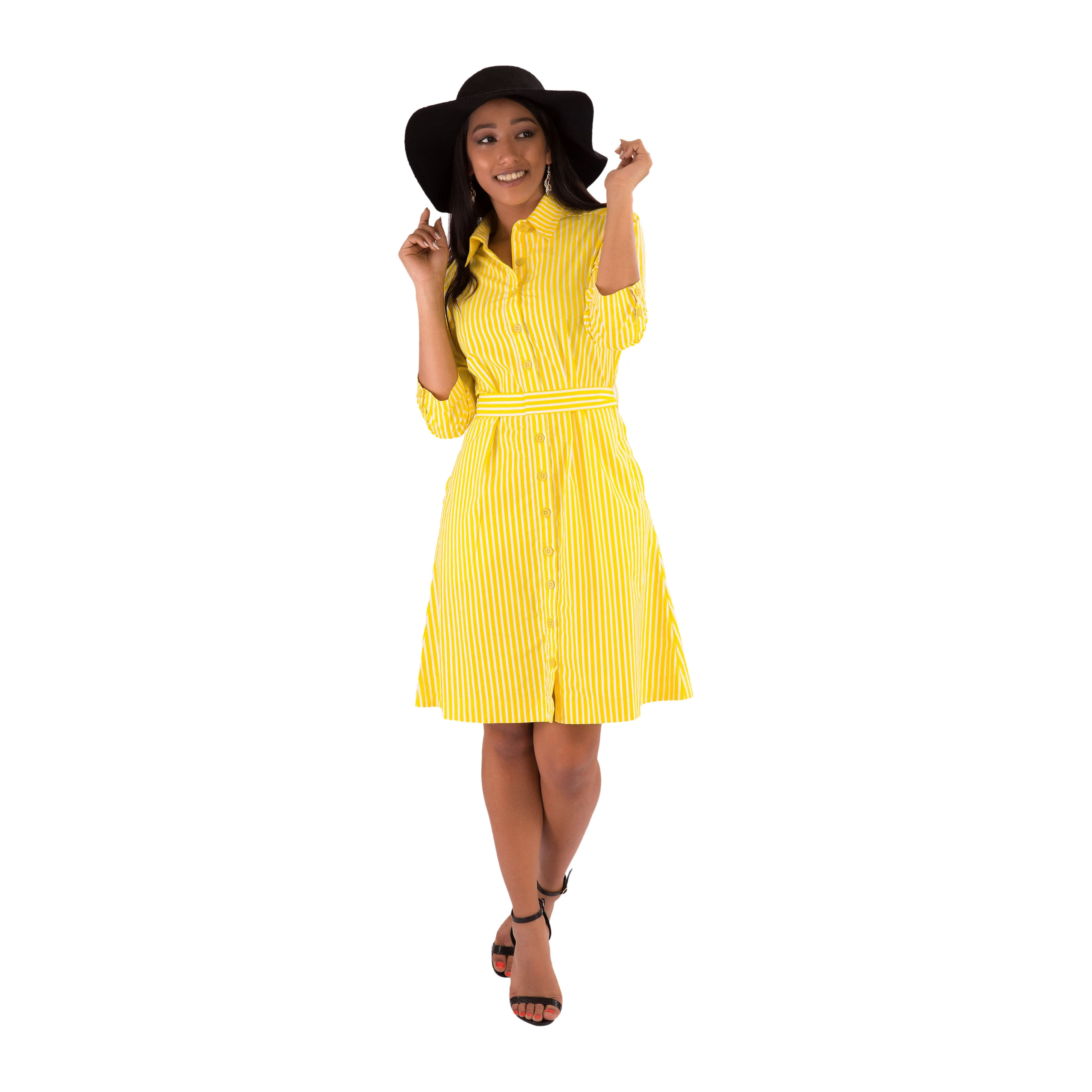 Yellow Shirt Dress Cotton Stripe Print Mid Waist Tie Adjustable Sleeves Pockets Price