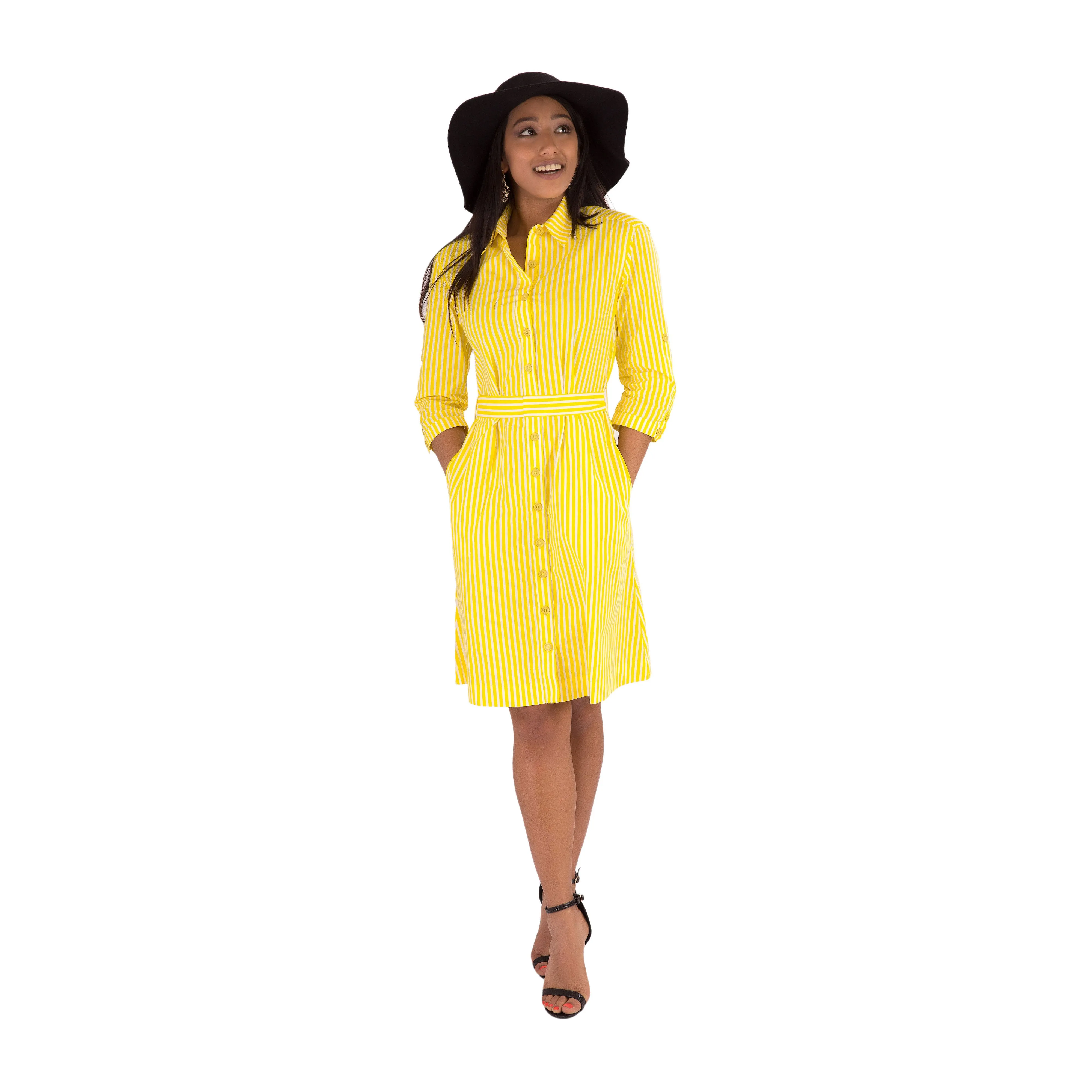 Yellow Shirt Dress Cotton Stripe Print Mid Waist Tie Adjustable Sleeves Pockets Price